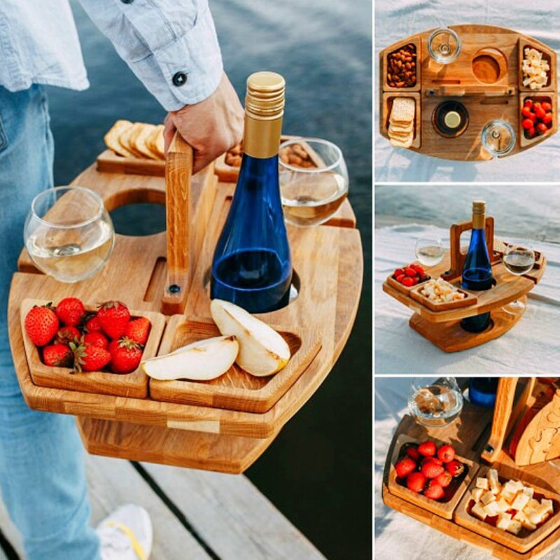 Wood Picnic Wine Table with Snack Trays
