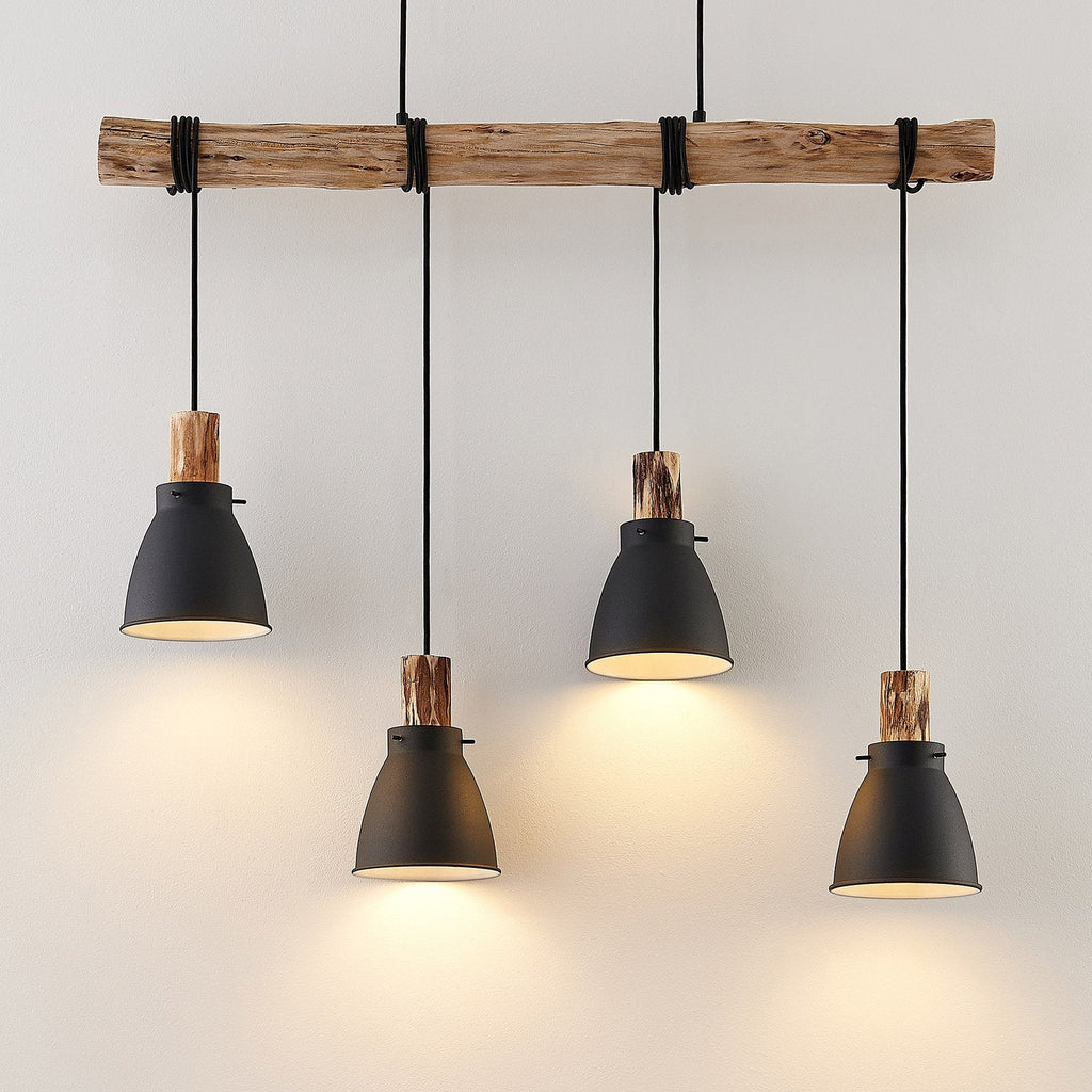Pendant Light Rustic Wood and Black Metal