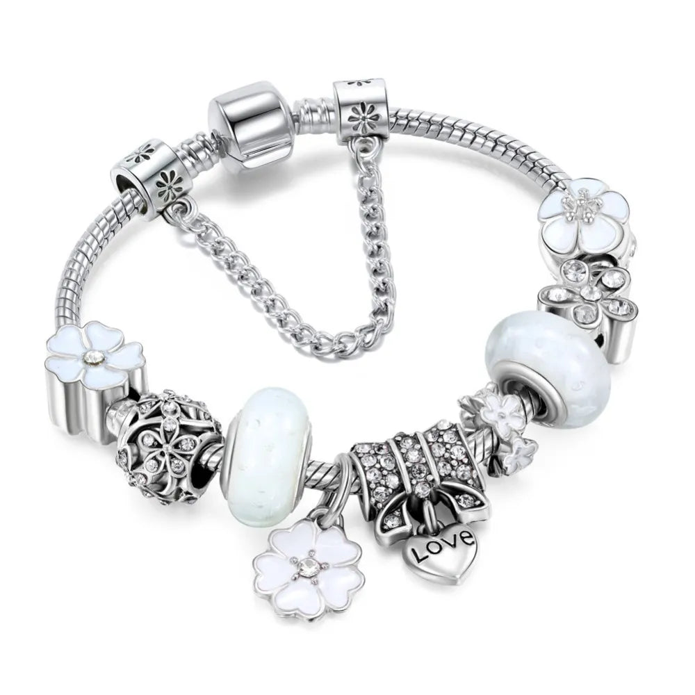 Sterling Silver Charm Bracelet Floral Elegant Gift