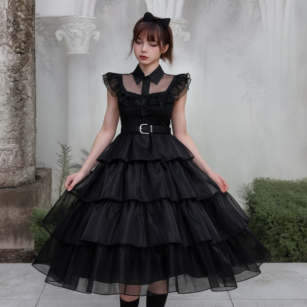 Halloween Costume Gothic Black Ruffle Mesh Dress