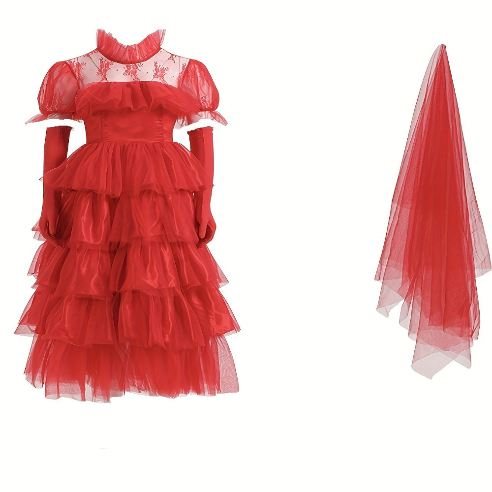 Halloween Costume Gothic Red Lace Long Dress