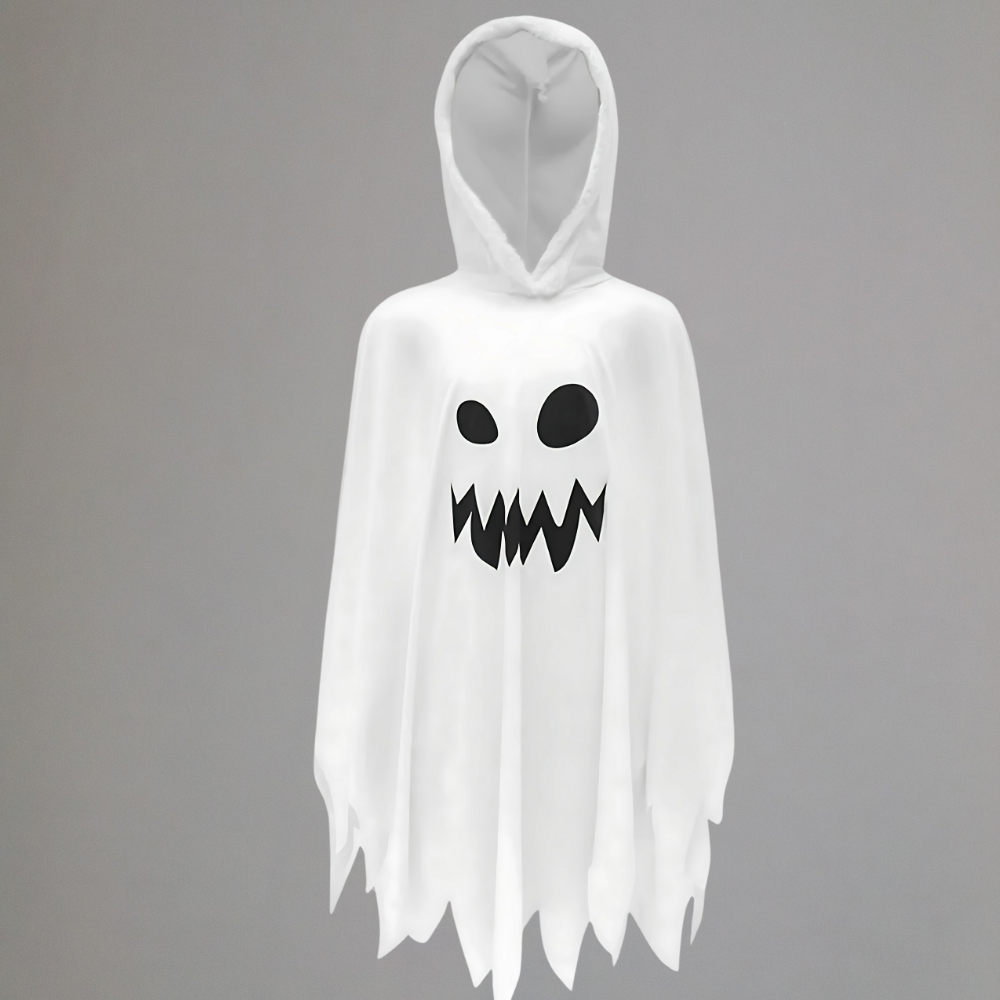 Halloween Ghost Costume Kids Glow Dark Hooded Poncho Cape Outfit