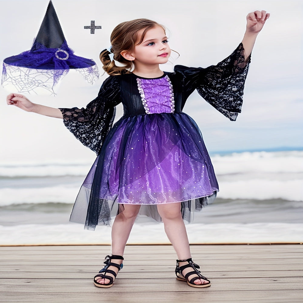 Halloween Witch Costume Kids Lace Polyester Party Dress Hat Set