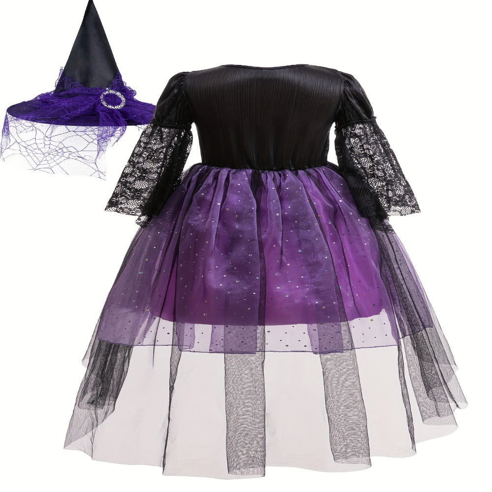 Halloween Witch Costume Kids Lace Polyester Party Dress Hat Set
