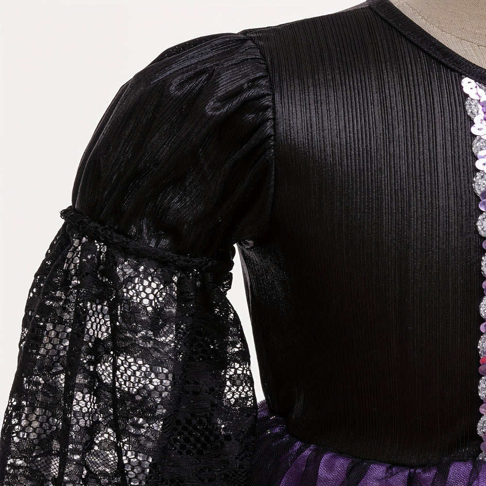 Halloween Witch Costume Kids Lace Polyester Party Dress Hat Set