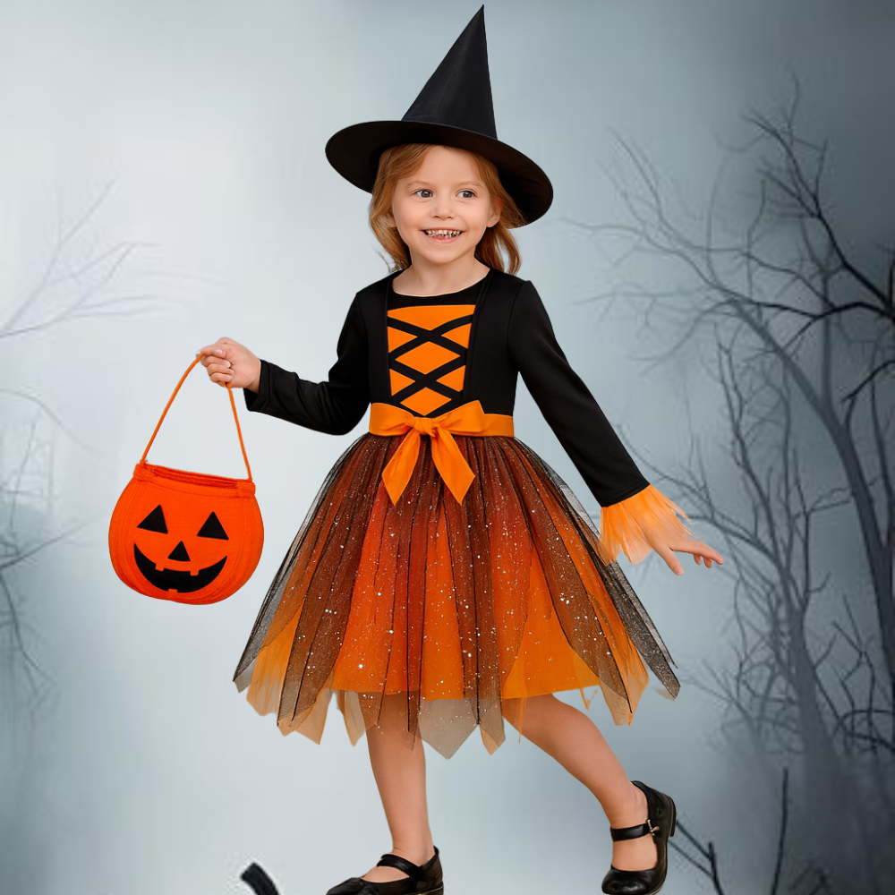 Halloween Witch Costume Kids Mesh Party Dress