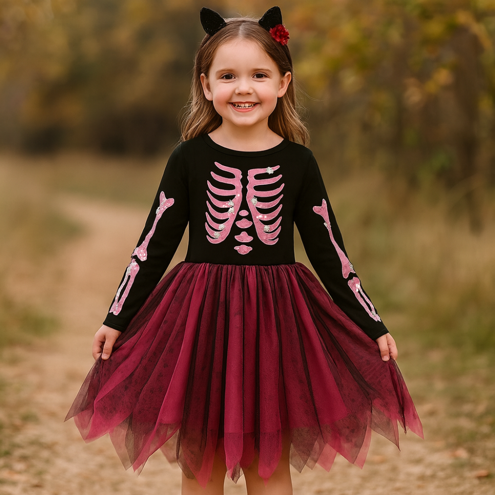 Halloween Witch Costume Kids Skeleton Tulle Dress