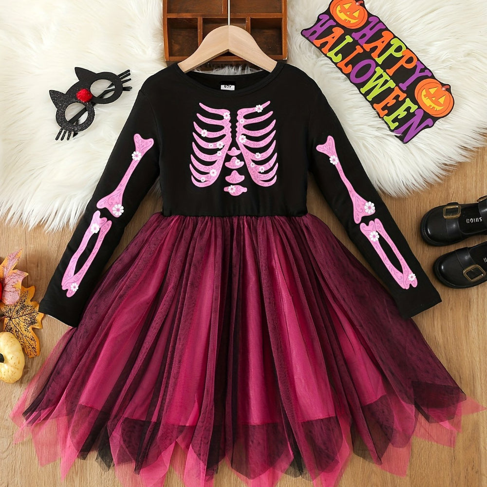 Halloween Witch Costume Kids Skeleton Tulle Dress