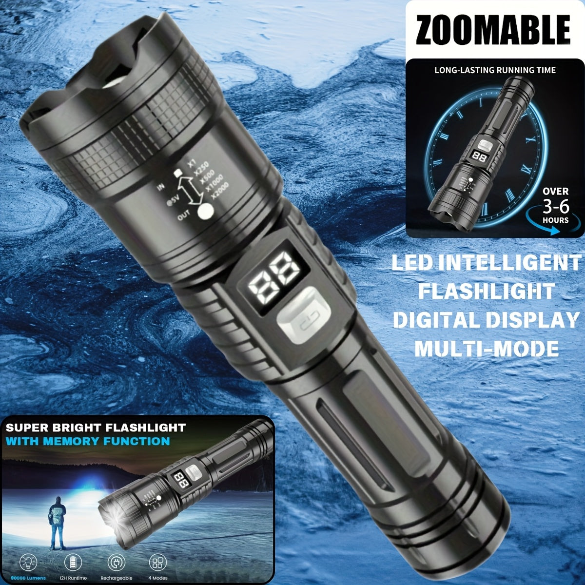 Hunting Gear Torch Rechargeable LED Zoom Flashlight