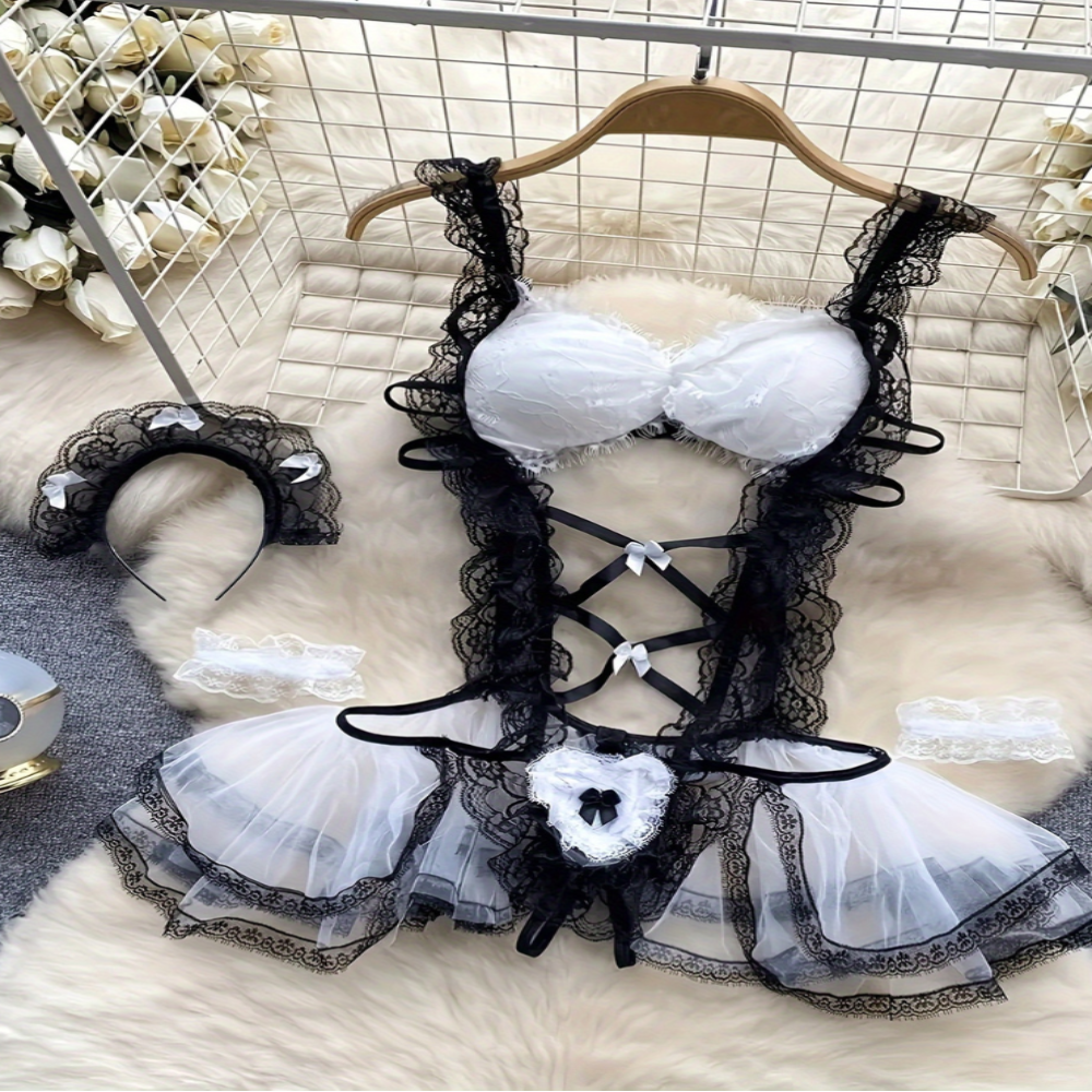 Maids Costumes Lace Trim Sheer Bodysuit