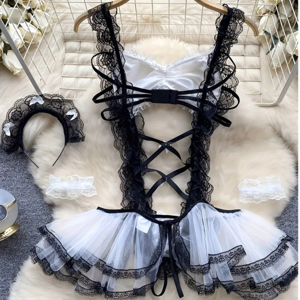 Maids Costumes Lace Trim Sheer Bodysuit