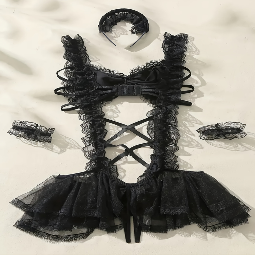 Maids Costumes Lace Trim Sheer Bodysuit