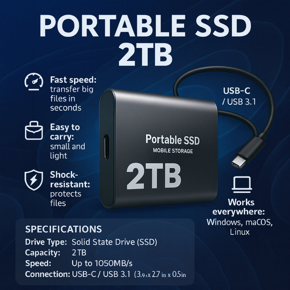 Portable SSD 2TB Hard Drive External Storage Compact Fast Best Quality