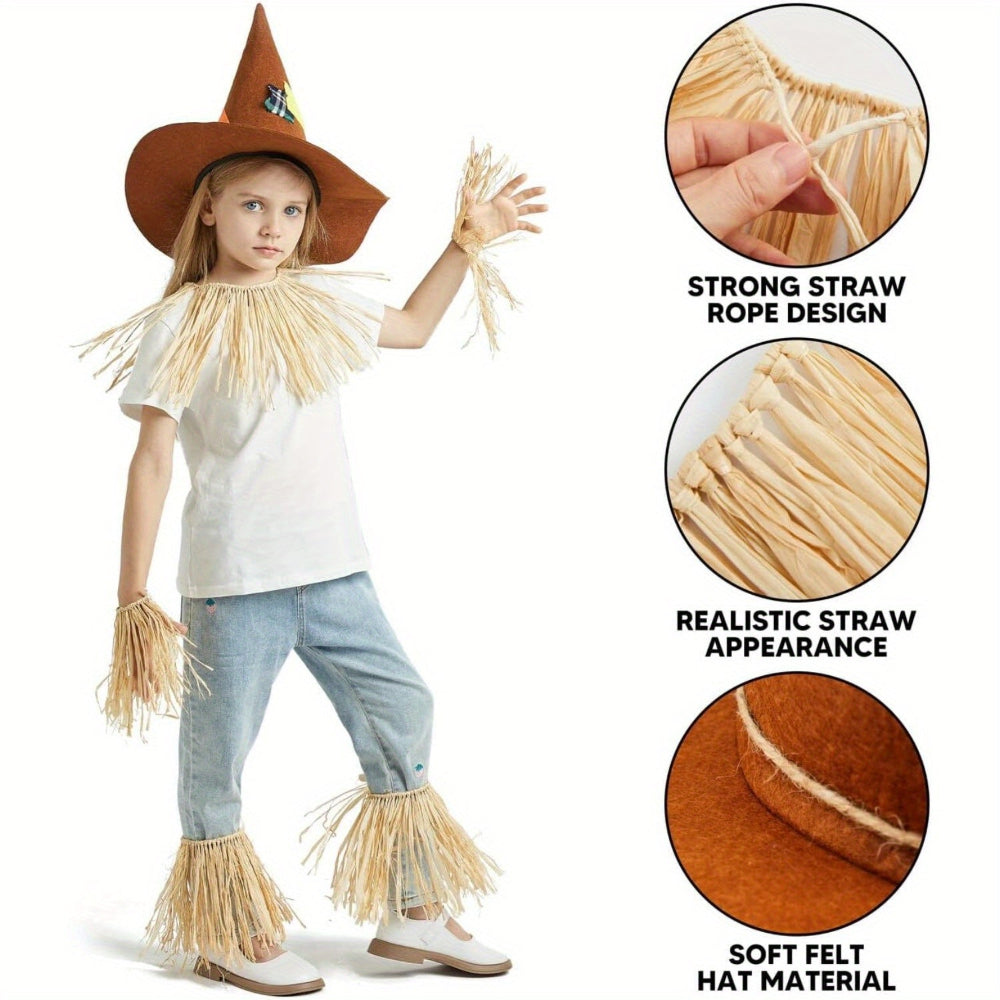 Scarecrow Costume Set Hat Straws Kids Adults Halloween Party