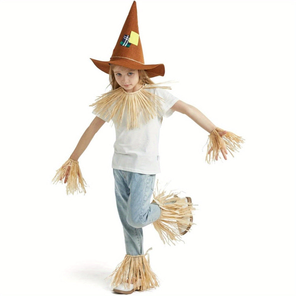Scarecrow Costume Set Hat Straws Kids Adults Halloween Party