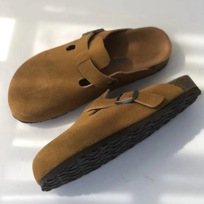 Suede Slip On Clogs with Cork Footbed