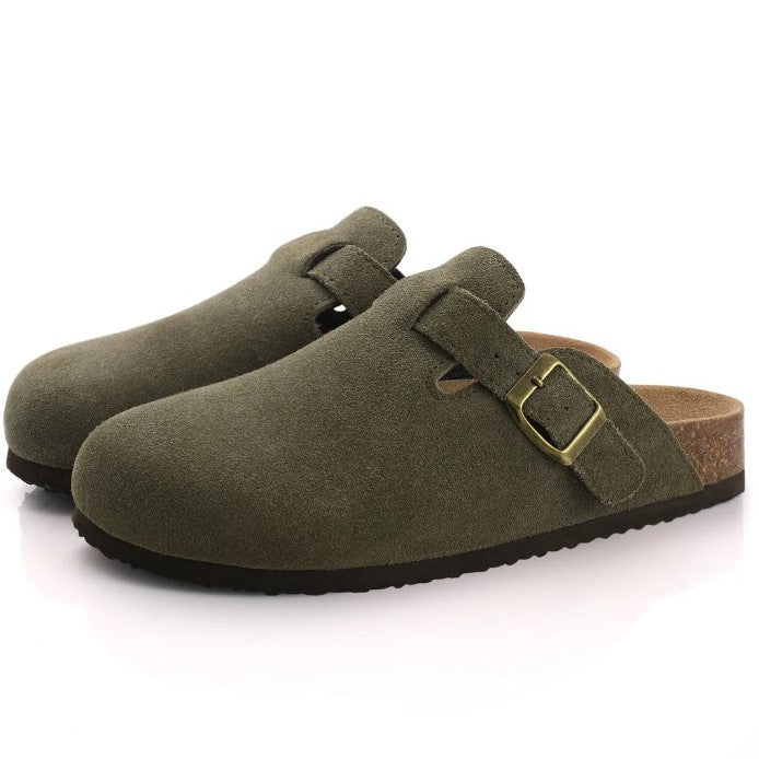 Suede Slip On Clogs with Cork Footbed