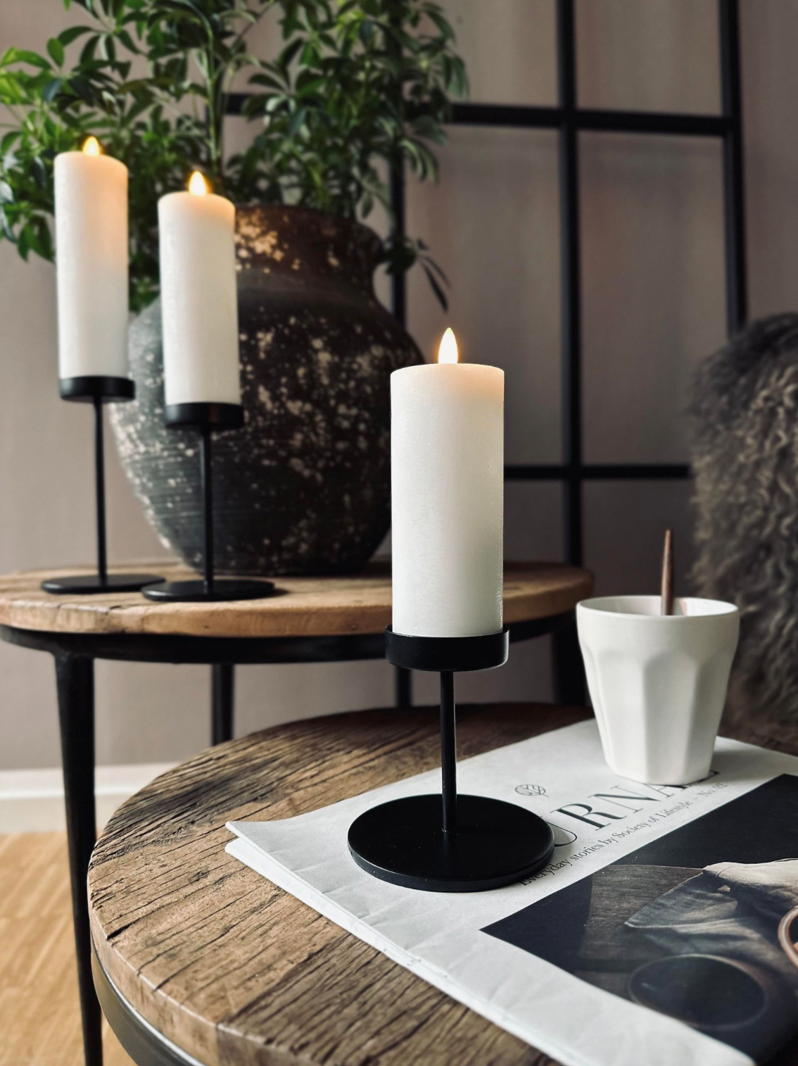 Candle Holders Set Black Metal Pillar Stand