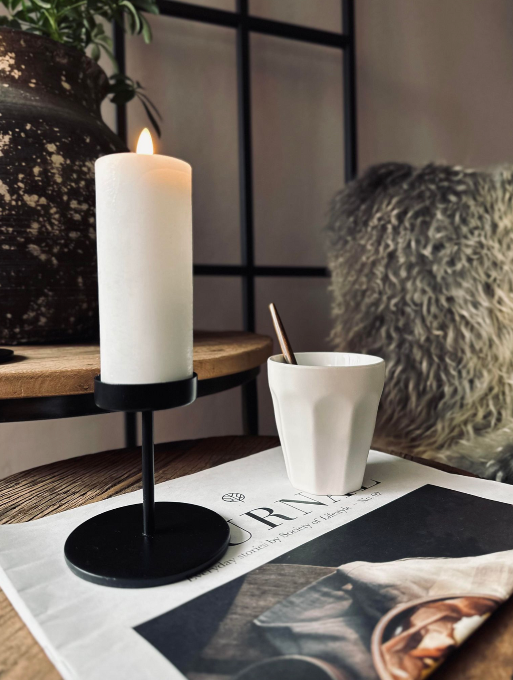 Candle Holders Set Black Metal Pillar Stand