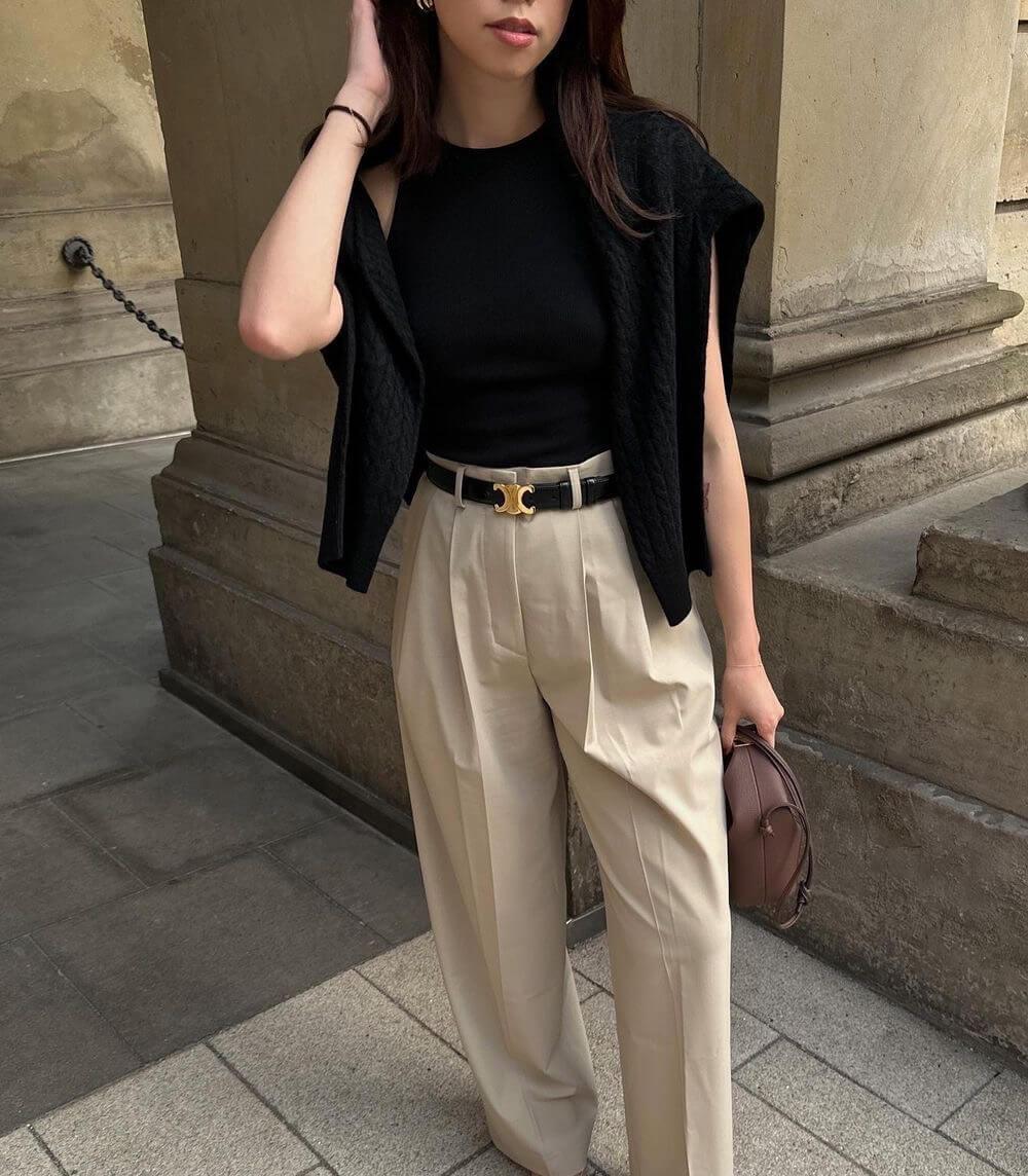 Leather Waist Belt with Gold Buckle Detail