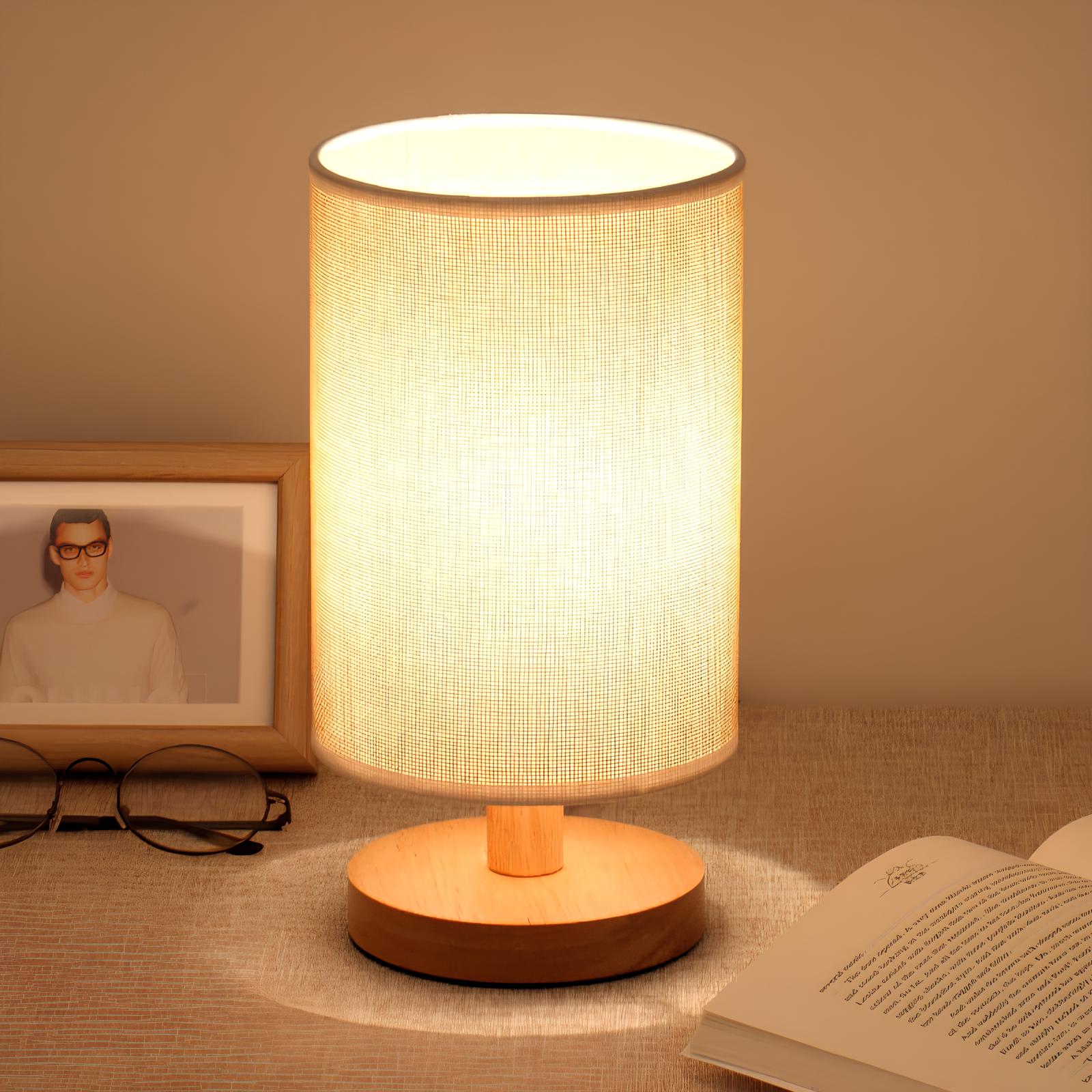 Table Lamp Natural Wood Fabric Dimmable Light