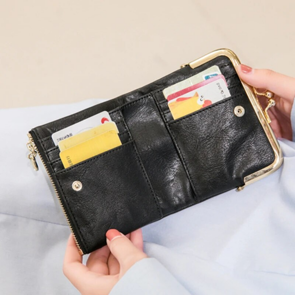 Leather Wallet with Vintage Kiss Lock Closure