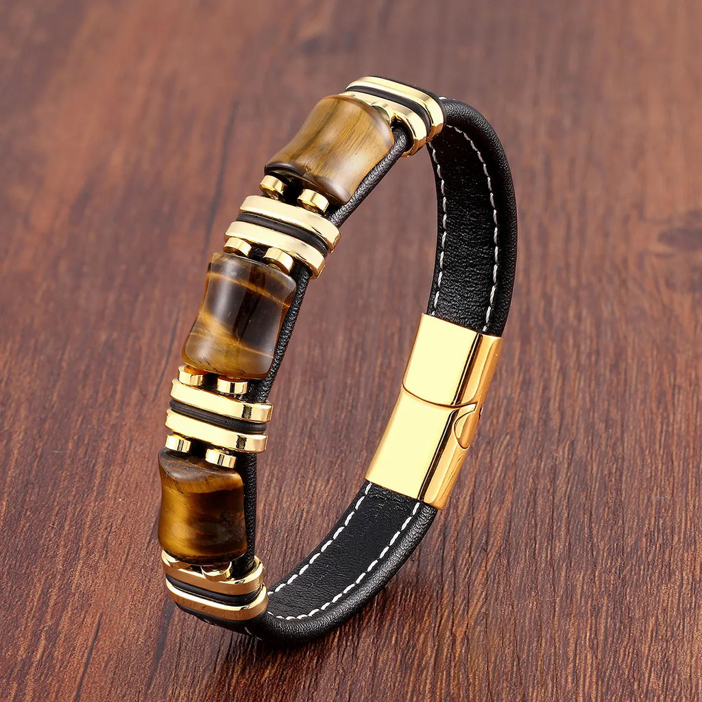 Leather Bracelet with Tiger Eye Natural Stone