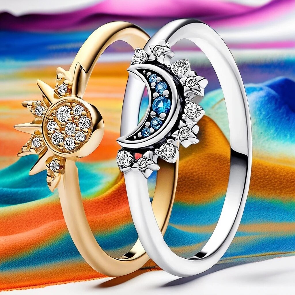 Crystal Statement Ring with Sun and Moon Design