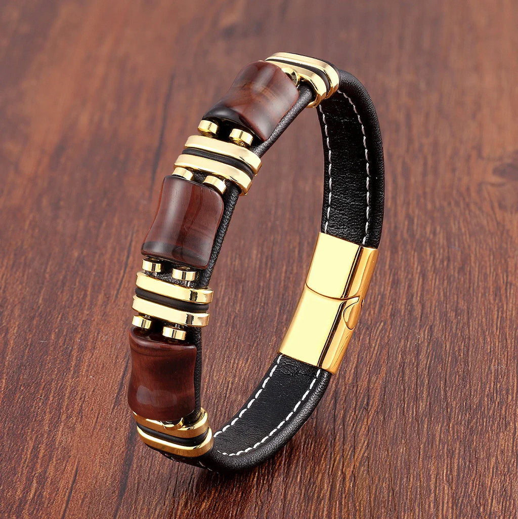 Leather Bracelet with Tiger Eye Natural Stone