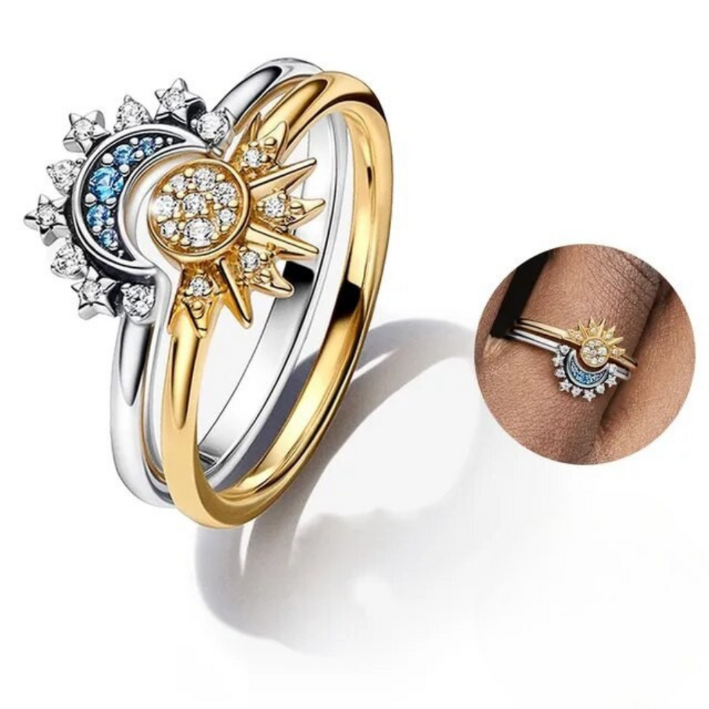 Crystal Statement Ring with Sun and Moon Design