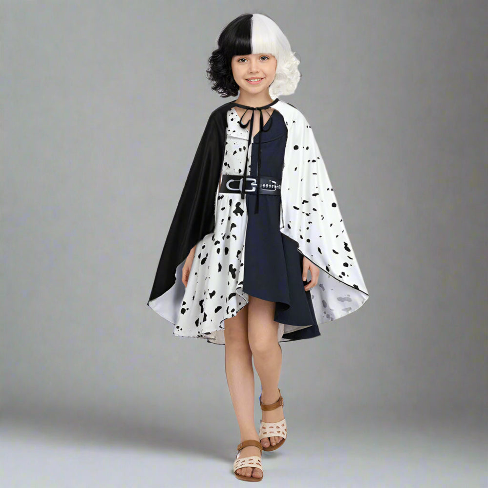Halloween Costume Kids Black White Spotted Dress Ruffle Cape