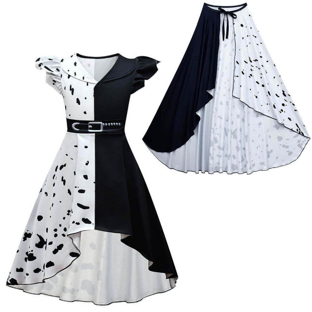 Halloween Costume Kids Black White Spotted Dress Ruffle Cape