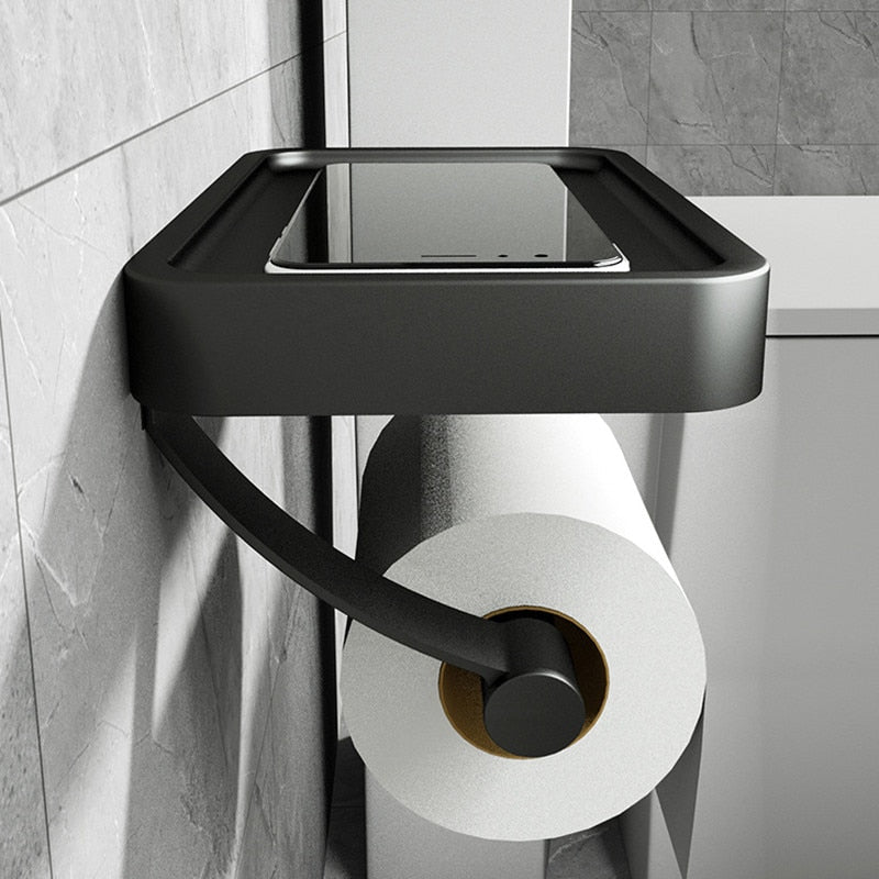 Toilet Roll Holder with Black Metal Shelf
